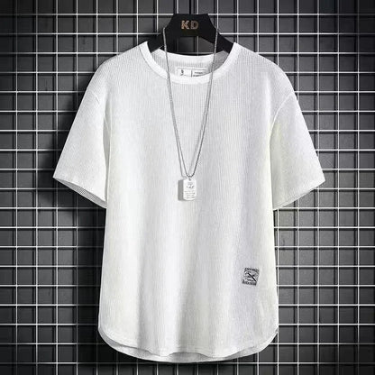 Casual Solid Color Badge Ice Silk Man T-Shirt Summer Half Sleeve High Quality round Neck Loose Hong Kong Style Fashion Male Top