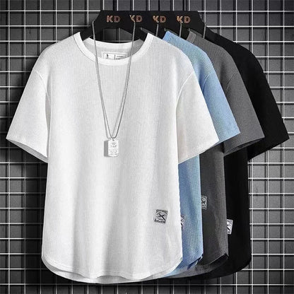 Casual Solid Color Badge Ice Silk Man T-Shirt Summer Half Sleeve High Quality round Neck Loose Hong Kong Style Fashion Male Top