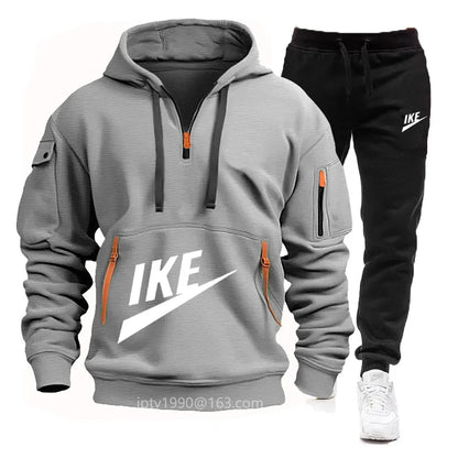 2024 Spring and Autumn Men'S New Multi-Pocket Zipper Hoodie + Casual Sports Pants Two-Piece Jogging Winter Sports Suit