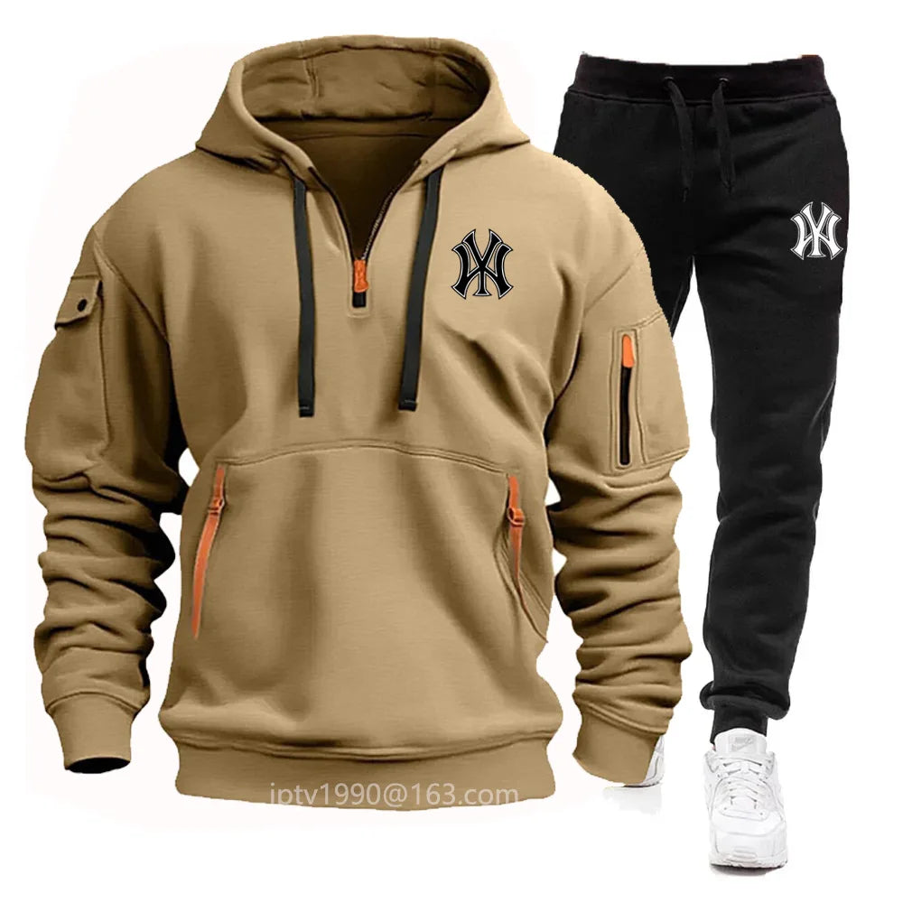 Men'S New Spring and Autumn Multi-Pocket Zipper Hoodie + Sports Pants Two-Piece Jogging Casual Fitness Sportswear Suit