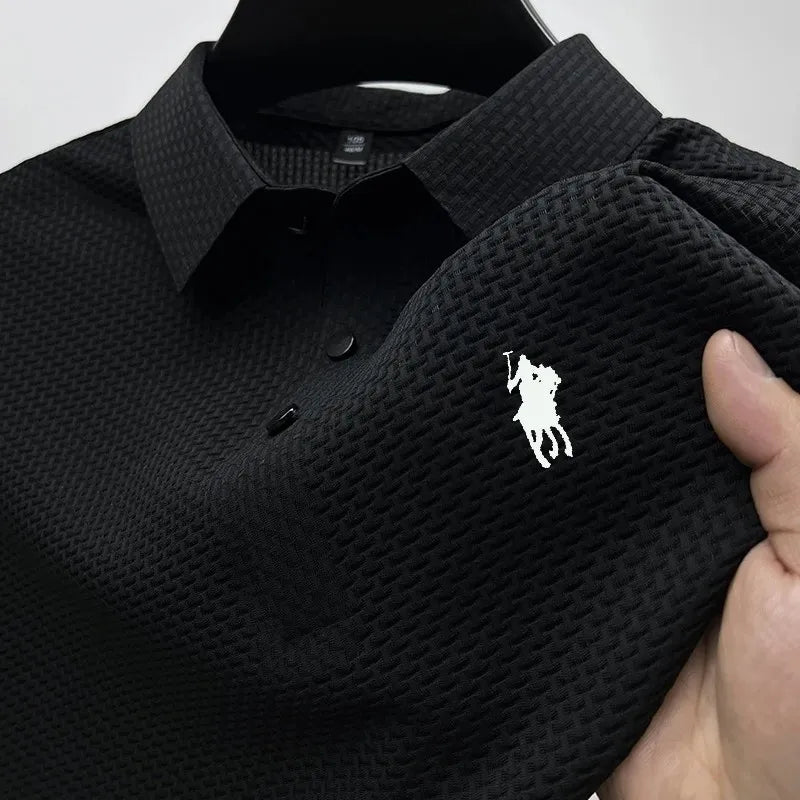 2024 Men'S New Ice Silk Fabric Polo Shirt Summer Casual Business Short Sleeve Fashion Solid Color T-Shirt