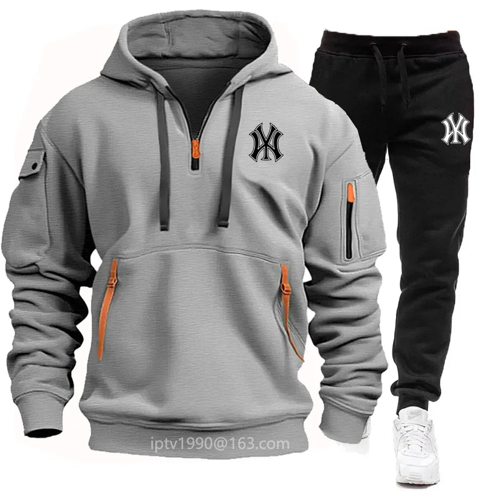 Men'S New Spring and Autumn Multi-Pocket Zipper Hoodie + Sports Pants Two-Piece Jogging Casual Fitness Sportswear Suit