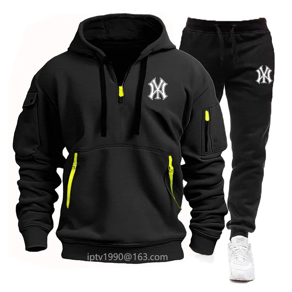 Men'S New Spring and Autumn Multi-Pocket Zipper Hoodie + Sports Pants Two-Piece Jogging Casual Fitness Sportswear Suit