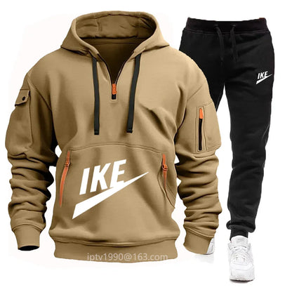 2024 Spring and Autumn Men'S New Multi-Pocket Zipper Hoodie + Casual Sports Pants Two-Piece Jogging Winter Sports Suit