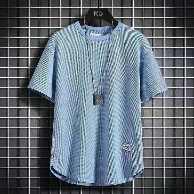 Casual Solid Color Badge Ice Silk Man T-Shirt Summer Half Sleeve High Quality round Neck Loose Hong Kong Style Fashion Male Top